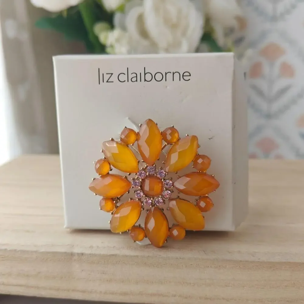 Liz Claiborne signed orange and pink floral glass brooch